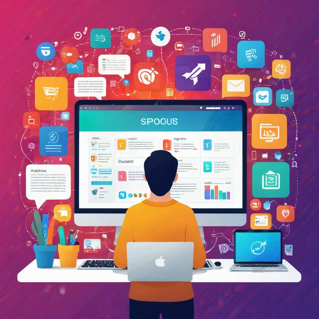 A visually appealing digital workspace featuring a vibrant collection of bookmarked websites represented as colorful icons. These icons float above an organized digital organizer with tabs for 'Favorites', 'Links', and 'Categories', surrounded by soft glowing light. A person is smiling, interacting with the screen, embodying the ease of digital bookmarking. Include elements like a laptop, a smartphone, and illustrations of various websites. modern flat design. bright colors. white background.