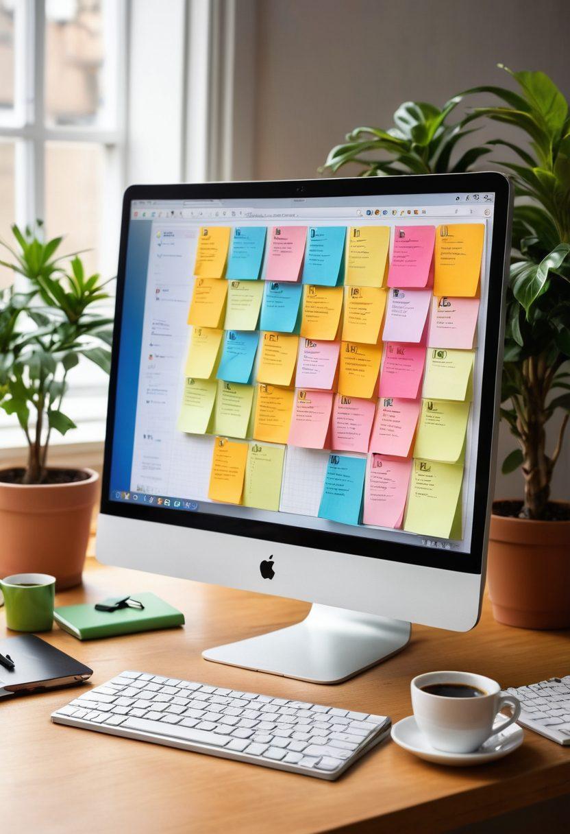 A digital workspace filled with colorful pinned notes and links organized on a computer screen, illustrating effective link management. Include a coffee cup and a plant for a cozy vibe, with an open notebook beside the keyboard showcasing tips. The screen should display a vibrant interface with various icons representing different online platforms. super-realistic. vibrant colors. modern layout.