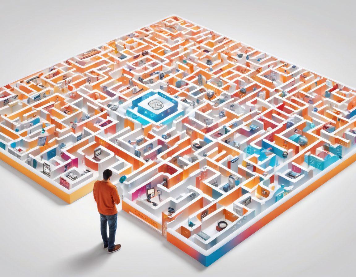 An intricate digital maze made of glowing, interconnected URLs and icons representing various tools for organization; vibrant colors highlight pathways and key tools like spreadsheets, folders, and cloud storage; a person thoughtfully navigating with a digital device in hand. super-realistic. vibrant colors. white background.